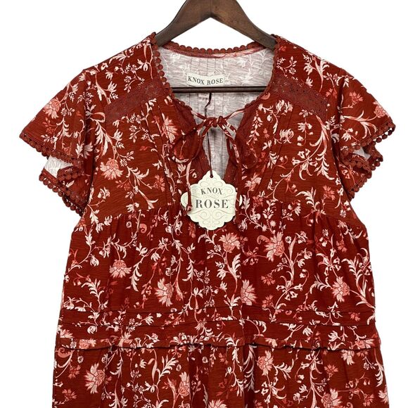 Knox Rose Boho Tiered Floral Dress Women Size XL Brown Flutter Short Sleeves - Picture 2 of 14